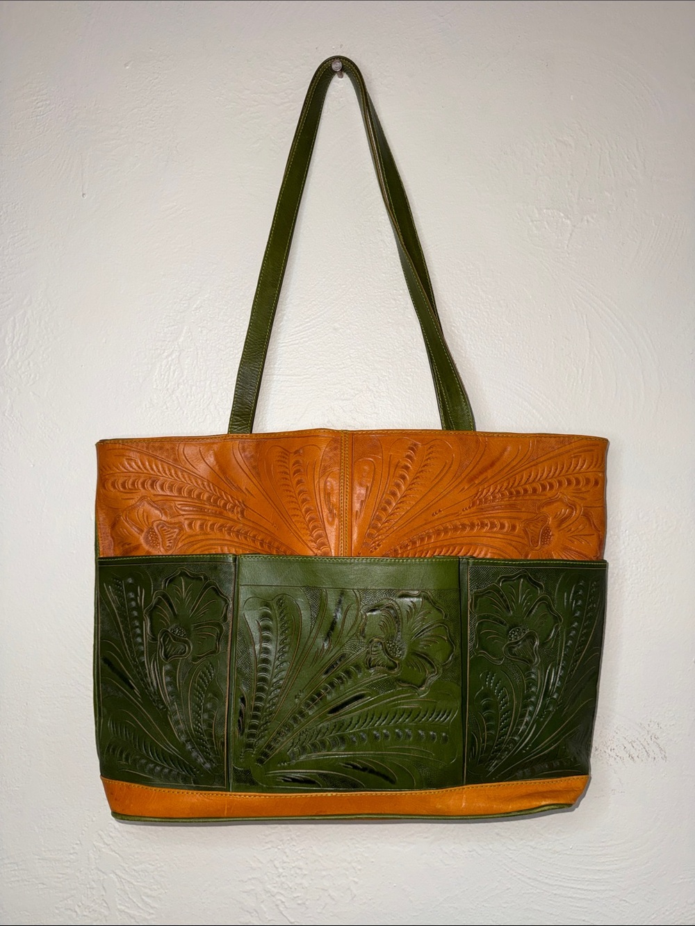 Leaders in Leather Tooled Leather Tote Green Brown Western Paraguay